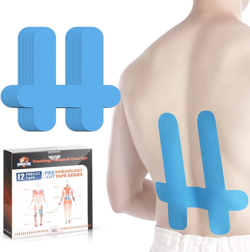 KTQUICK Store PreCut Kinesiology Tape for Lower Back, 12PCS Kinesiology Tape Precut for Lower Back, Original Cotton Waterproof & Breathable Latex-Free, Enhance Elastic Athletic Tape for Support Muscle(Blue) - Image 1